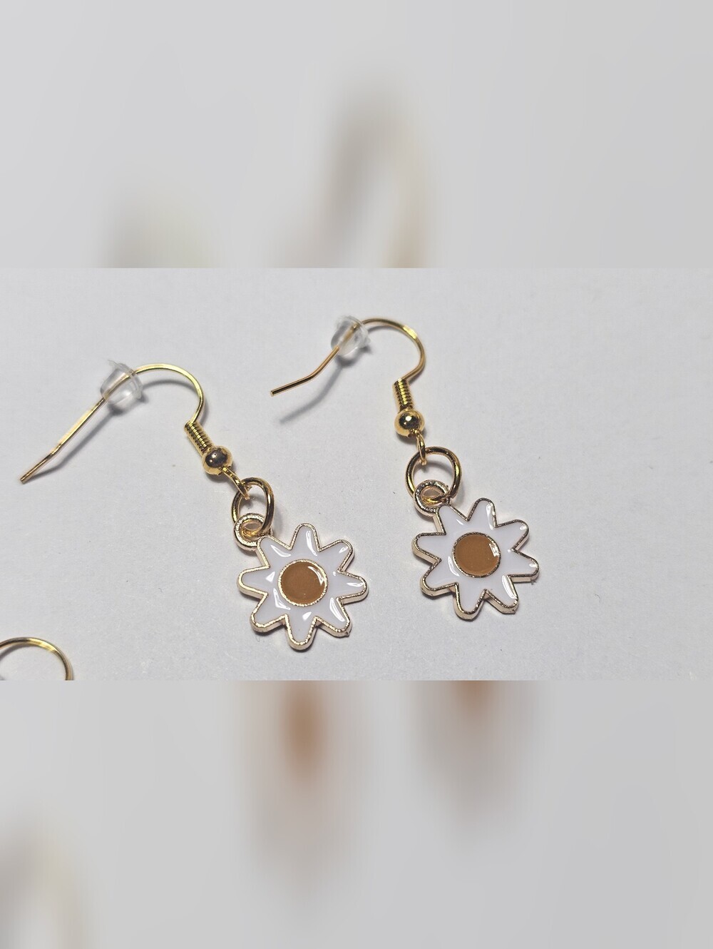 Gold Daisy Drop Earrings with White Enamel - Picture 2 of 2